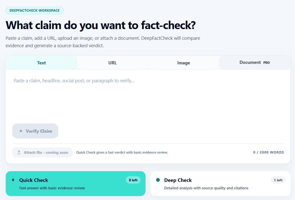 DeepFactCheck claim input workspace with the Text tab and Quick Check and Deep Check options